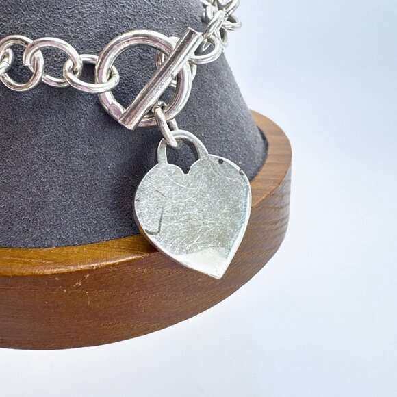 Sterling SIlver 925 Round Link Chain Bracelet Heart Tag Toggle Clasp 7.5" Length - Picture 2 of 10